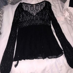 Free People Lace Long Sleeve Boho Black Top